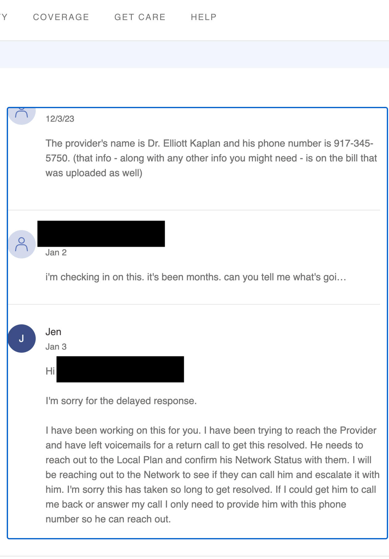 Insurance message from January 2024 indicating Dr. Kaplan is still not responsive